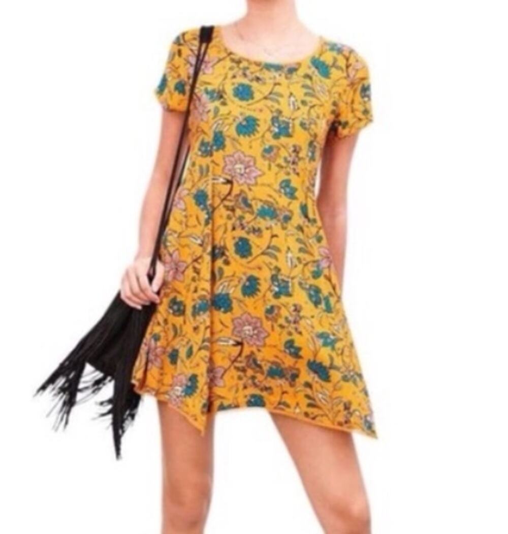SILENCE & NOISE Short Sleeve T-Shirt Mini Dress Fringed Hem Floral Yellow Size S